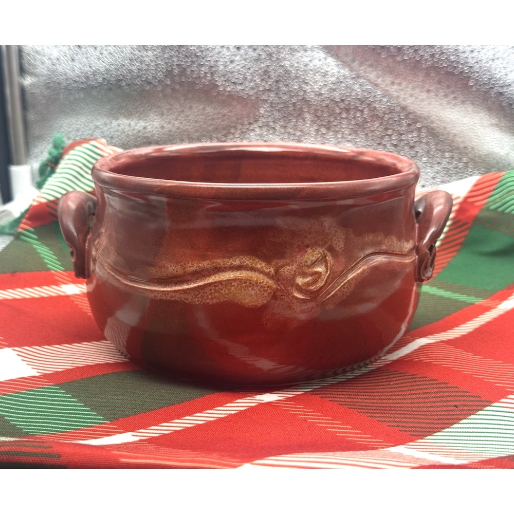 BA Signed Ox Blood Handled Ceramic Studio Art Soup Bowl Red VTG Stoneware